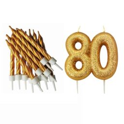 80th Birthday Gold Candle Kit, Glitter Number 80 Candle with 12 Metallic Spiral Cake Candles and Holders, Birthday Cake Decorations, Pack of 13