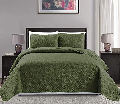 "Mk Collection King/California King Over Size 118""x106"" 3 pc Diamond Bedspread Bed-Cover Embossed Solid Olive Green"