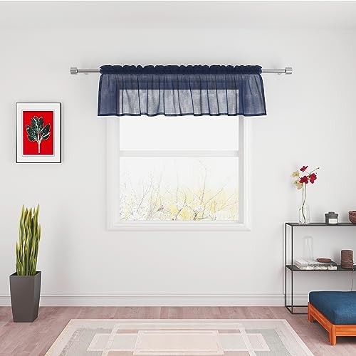 "UPOPO Navy Blue Valance 14 inches Long Sheer Curtain Valance Living Room Bedroom Kitchen Voile Transparent Linen Textured Valance Curtain Small Short Door Window Treatment 1 Panel Rod Pocket 90""x14"""