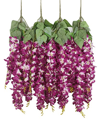 Duovlo Silk Wisteria Flower Artificial 2.13 Feet Hanging Wisteria Vine Fake Flower Bush String Home Party Wedding Decoration,Pack of 4 (Dark Purple)