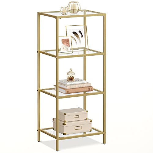 VASAGLE 4-Tier Glass Shelf, Bookshelf, Storage Rack, Tempered Glass, Easy Assembly, for Bathroom, Living Room, Bedroom, Office, Metallic Gold LGT28G