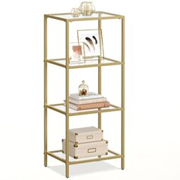 VASAGLE 4-Tier Glass Shelf, Bookshelf, Storage Rack, Tempered Glass, Easy Assembly, for Bathroom, Living Room, Bedroom, Office, Metallic Gold LGT28G