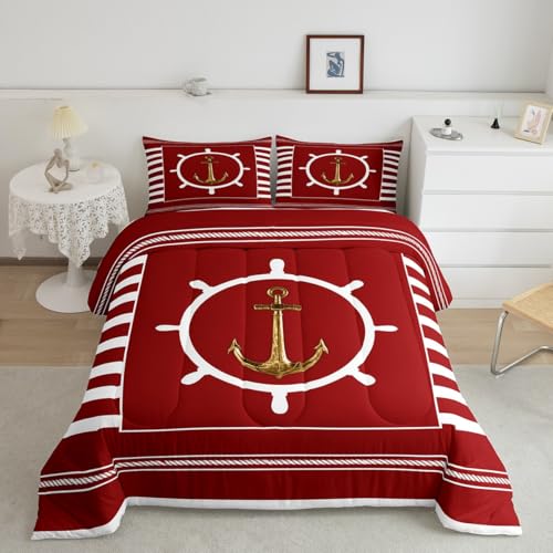 Feelyou Anchor Decor Comforter Set Twin Size Nautical Themed Bedding Set for Boys Girls Teens Ocean Comforter Sea Adventure Duvet Set Deep Red Quilt Set