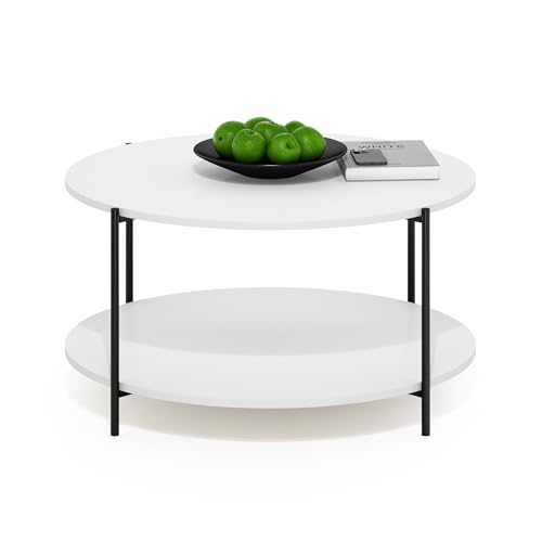 Furinno BESI Coffee Table, 2-Tier Round Modern Coffee Table with Metal Legs, Metal Frame Side Table with Open Shelf, for Living Room, Bedroom, Home Office, White
