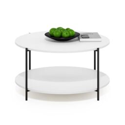 Furinno BESI Coffee Table, 2-Tier Round Modern Coffee Table with Metal Legs, Metal Frame Side Table with Open Shelf, for Living Room, Bedroom, Home Office, White