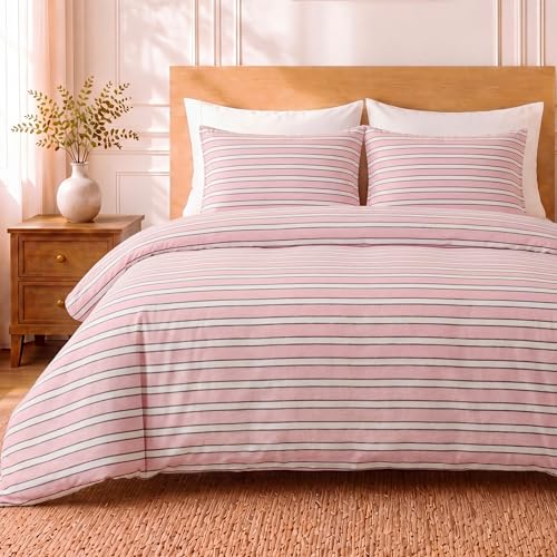 Herside 100% Cotton Double Gauze Striped Duvet Cover Set Queen Size,Pink White Fine Stripe Pattern Soft Breathable Cotton Bedding Set Modern Romantic 3 Piece Quilt Duvet Set for All Seasons