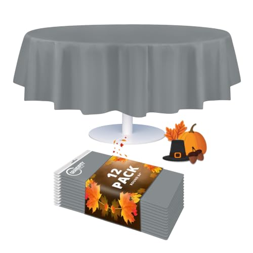 "Grandipity 12 Pack Premium Disposable Plastic Tablecloth 84"" Inch Decorative Round Table Cover - Silver"
