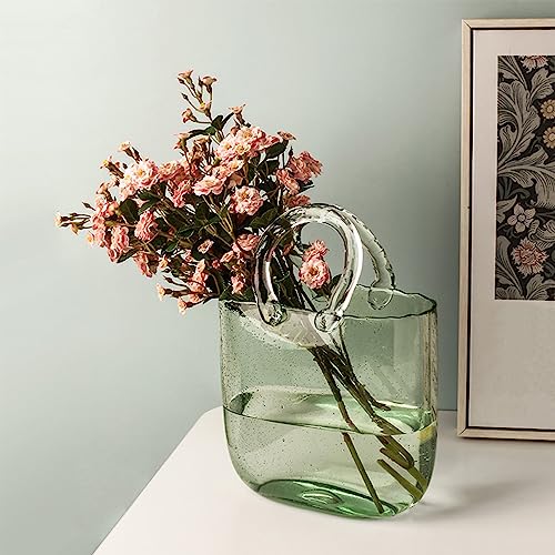 Glass Vase with Elegant Purse Design, Hand Purse vase with Fish Bowl, Unique Flower Vase with Handle and Bubbles - for Home Decor/Office/Garden/Wedding Decor/Enterpiece/Events