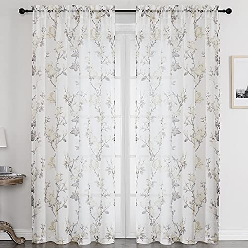 SMILE WEAVER White Floral Semi Sheer Curtains 54 Inch Rod Pocket 2 Panels - Stylish Floral Design,Linen Textured - Light Filtering - 54 Inches Length - Living Room Bedroom Kitchen