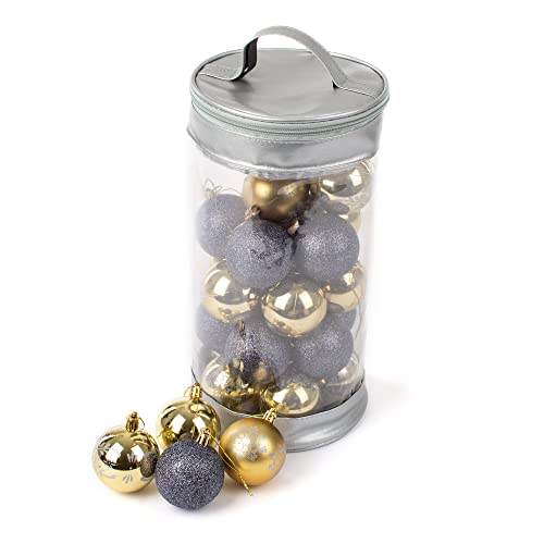 Christmas Village 30 Piece Christmas Tree Decoration Bauble Set With PVC Storage Bag – 6cm Xmas Ornament – Home Office, Holiday Décor - Set includes Mat, Shiny, Glitter Patterned Baubles (Gold/Silver)