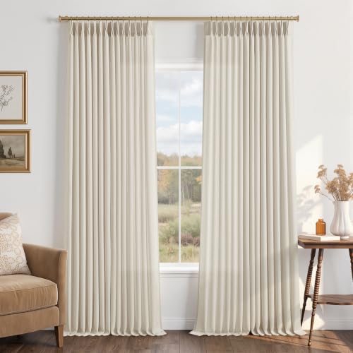 Yuanice 86 Inch Long Natural Linen Pinch Pleated Sheer Curtains for Living Room Bedroom Light Filtering Semi Sheer Neutral Window 86 Inches Drapes Boho Cream Birch Pinch Pleat Drapes Rings Hooks