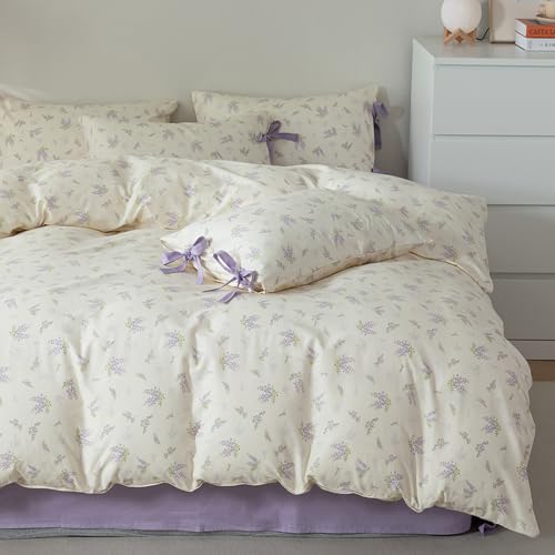 HighBuy King Comforter Set Girl Purple Floral Boho Comforter Set King with 2 Bow Tie Pillowcases Women Chic Shabby Cozy Soft Coquette Bedding Set Botanical Comforter Sets