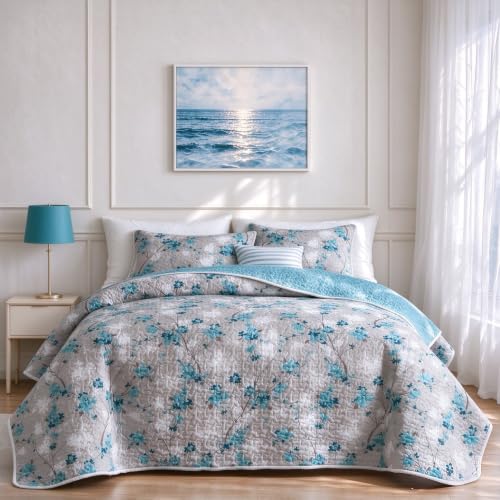 "Flysheep Botanical Quilt Set Twin Size, 2 Pieces Grey and Aqua Elegant Floral Printed Summer Bedding Set, Soft Microfiber Lightweight Bedspread/Coverlet for All Season - 68""x86"""