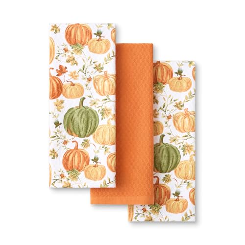 "Martha Stewart Autumn Harvest Pumpkins Kitchen Towel 3-Pack Set, 100% Cotton with Absorbent Terrycloth, Decorative Kitchen Towels, Orange/Green/Ivory, 16""x28"""