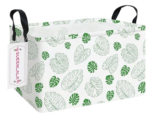 QUEENLALA Rectangular Laundry Hamper/Foldable Nursery Laundry Basket for Organizing/Storage Bin Baskets/Children Toy Office Bedroom/Toy Bin Closet Shelf Baskets (Rec-Green Leaf)