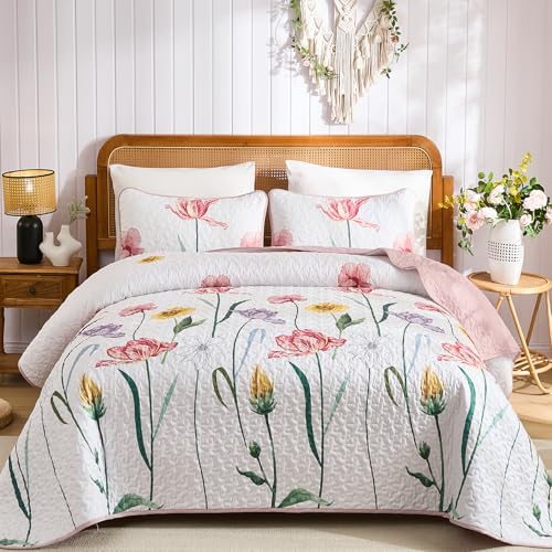 "WONGS BEDDING Botanical Quilt Set YS01AC082004AF-A - Soft Microfiber Coverlet with Colorful Delicate Botanical Flowers, All-Season Bed Cover for Women Girls (96""x90"")"