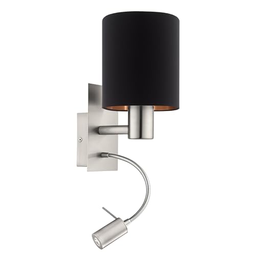Eglo LED Wall Lamp Pasteri, 2-Flame Textile Wall Light, Material: Steel, Fabric, Colour: Matt Nickel, Black, Copper, Socket: E27, incl. Switch and Flexible Reading Light