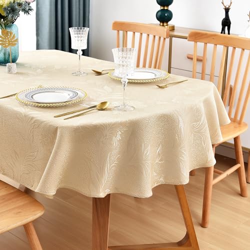 Wolkemer Oval Jacquard Tablecloth Beige Floral Countryside Leaves Damask Patterns Table Cloth Cover for Dinner Kitchen 60 x 120 Inch
