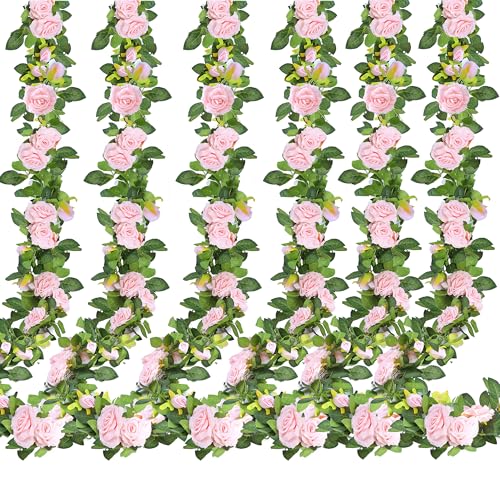 Sggvecsy 6Pcs 15.5Ft Artificial Rose Vine Fake Flower Garland Floral Garland Faux Silk Hanging Vine Rose Ivy Vines for Wedding Arch Party Wall Garden Ceremony Background Outdoor Decor (Pink)