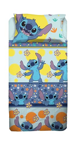 Stitch Single Bed Sheet Set, Disney Single Bed Set, Top Sheet, Fitted Sheet, Pillowcase, Blue, Disney, 100% Cotton, Official Product