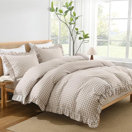 Andency Tan Gingham Duvet Cover Queen, Ruffle Shabby Chic Bedding Set 3 Pcs - Farmhouse Soft Pre-Washed Polyester Comforter Cover with Zipper Closure & Corner Ties, 90x90Inch