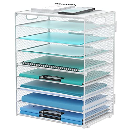 9-Tier Paper Organizer for Desk, Metal Mesh Letter Tray with Handles, White - Desk File Organizer with Removable Trays for Sorting Files, Folders, Mail and Printer Paper at Home, School or Office