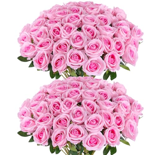 Hananona 50 Artificial Roses in Bulk, Fake Silk Pink Roses Realistic Roses for Wedding Centerpieces Flower Arrangement Home Decor (50, Pink)