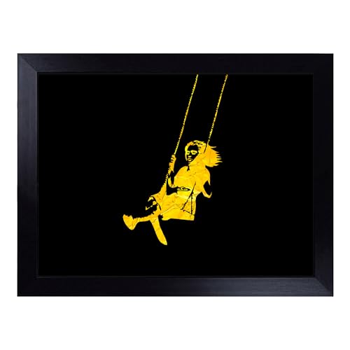 Lap Tray with Bean Bag Cushion, Banksy In Gold Girl On Swing Graffiti - Handmade in the UK, Raised Wooden Edge, Padded Cushion, Heat-Resistant Wipe-Clean Surface, for Meals, Laptops and Crafts