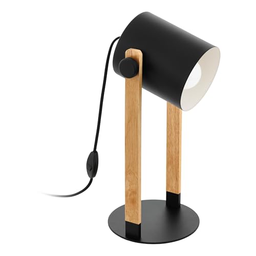 Eglo Table lamp Hornwood, Vintage Bedside lamp in Industrial Design, Retro Living Room and Bedroom Lighting, Metal in Black and Cream, Natural Wood, FSC Certified, E27 Socket, incl. Switch