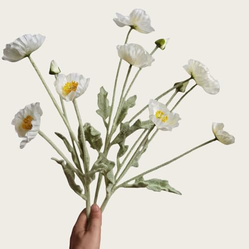 DODXIAOBEUL Poppy Flowers Artificial??? Poppy Silk Flowers with Stems???Ranunculus Artificial Flowers???Faux Flower Stems for Wedding,Party, Outdoor Indoor Decor Flower Arrangements for Table (3, White)