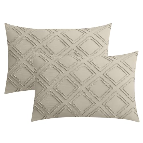 JELLYMONI Pillowcases Standard Size Khaki 2 Pack Boho Plaid Bed Pillow Covers 20x26in Polyester Envelope Pillow Shams Tufted Bohemian Textured (Pillows are not Included)