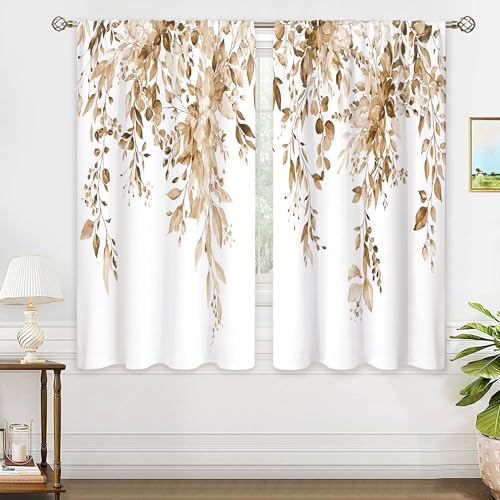 oolygoo Tan Eucalyptus Botanical Leaves Floral Window Curtains Watercolor Yellow Flower Plant Wildflower Farmhouse Fall Curtain Drapes Herb Curtains for Bedroom Living Room Treatment 42Wx45H Inch