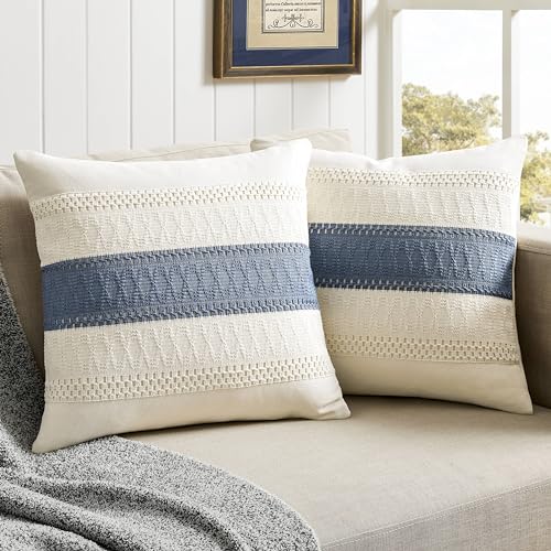 ZeeMart 2 Pack Boho Throw Pillow Covers, Contrast Blue 16x16in - Soft Breathable Cotton, Farmhouse Decorative Couch Pillow Cases, Cushion Covers for Sofa Bed Living Room Home Decor