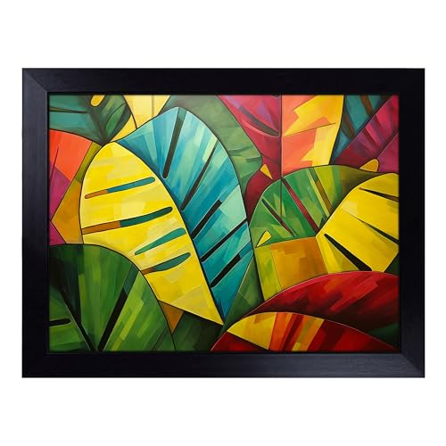 Lap Tray with Bean Bag Cushion, Tropical Leaf Cubism - Handmade in the UK, Raised Wooden Edge, Padded Cushion, Heat-Resistant Wipe-Clean Surface, for Meals, Laptops and Crafts