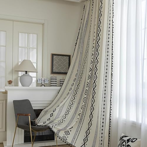 Erbnaryx Boho Curtains Geometric Light Filtering Semi-Blackout Window Curtains 102 Inches Long Rod Pocket Drapes for Living Room 2 Panels-Black Totem