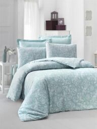 Nuit Des Rêves Luxurious Satin King Quilt Cover Set (200 x 220 cm), Mint & White, 100% Cotton, 210 Thread Count, Machine Washable, Envelope & Button Closure, 2 Pillowcases