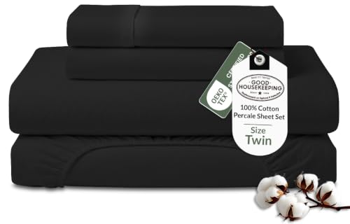 Royale Linens 100% Organic Cotton Twin Sheet Set - Percale Weave - 3 Pieces Set - 1 Flat, 1 Deep Pocket Fitted Sheet and 1 Pillowcases - Black Bed Sheets - S??banas Twin - Crisp Cool (Black)