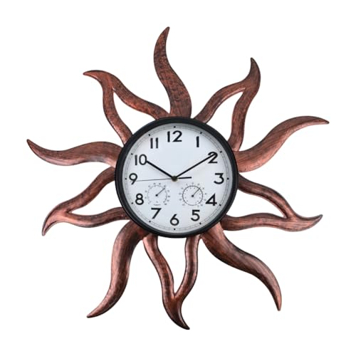 HOBYLUBY Large Outdoor Clock with Thermometer & Humidity - Silent Non-Ticking, Retro Sun Outdoor Wall Clock for Patio, Garden, Kitchen, Living Room, Brown