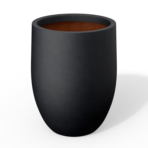 Kante Planter, Concrete, Black, 16.5 Inch Tall - Rubber Plug for Indoor, Drainage for Garden, All-Weather Cement Flower Pot, Handcrafted, Anti-Frost & UV, Modern Home Decor