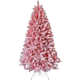 8Ft Flocked Pink Christmas Tree Snow Dusted Artificial Pine Foldable Metal Stand 1396 Tips Hinged Branches Snowy Bushy Luxury Holiday Home Decoration