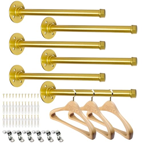 Pintuson 6 Pcs Industrial Pipe Clothes Bar 12 Inch - Wall Mount Clothing Rack - Face Out Closet Rods for Hanging Clothes Commercial Retail Boutique Laundry Shirt Display - Golden