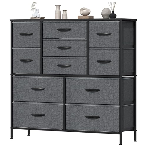 Feonase Chest of Drawers, Bedroom Tall Dresser with 11 Fabric Drawers, Metal Frame & MDF Wood Top, Adjustable Feet, Storage Organizer Unit for Bedroom, Closet, Living Room, Hallway, Deep Grey