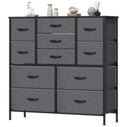 Feonase Chest of Drawers, Bedroom Tall Dresser with 11 Fabric Drawers, Metal Frame & MDF Wood Top, Adjustable Feet, Storage Organizer Unit for Bedroom, Closet, Living Room, Hallway, Deep Grey