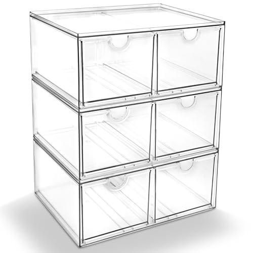 Prsildan 6 Small Drawers Stackable Storage Drawer Clear Acrylic Organizer - Makeup Organizers, Vanity Bathroom Kitchen Cabinets Under Sink Home Organization, 3 Pack
