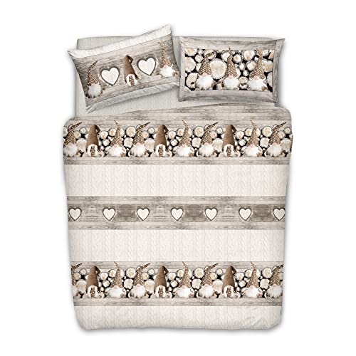PENSIERI DELICATI 100% Cotton Double Duvet Cover Set, Complete with 250 x 200 cm Sleeping Bag and 2 Pillowcases 52 x 82 cm, Made in Italy, Duvet Cover Machine Washable At 40 Degrees, Beige Gnome