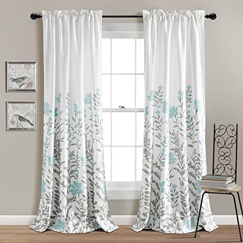 "Lush Decor Aprile Room Darkening Curtains Floral Leaf Design Window Panel Drapes Set for Living, Dining, Bedroom (Pair), 52"" W x 84"" L, Blue & Gray"