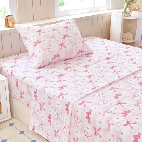 Homilay Twin Sheets Set Kids - 3 Piece Pink Bow Sheets for Boys, Girls, Teens, Toddler, Easy Fit Deep Pockets, Breathable, Wrinkle-Free, Cozy Soft Cartoon Print Cute Bed Sheets
