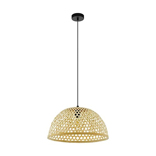 EGLO Claverdon Pendant Light, 1-Bulb Pendant Lamp, Vintage, Natural, Boho, Hygge, Pendant Light Made of Steel, Wood in Black, Natural Colours, Dining Table Lamp, Living Room Lamp, Hanging with E27