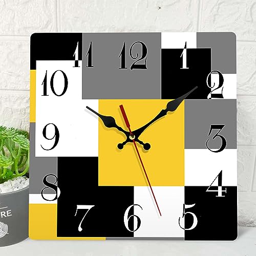 ArtSocket Wooden Wall Clock Silent Non-Ticking, Abstract Yellow Black Grey Geometric Minimalist Checkered Square Rustic Wall Clocks Decor for Home Kitchen Living Room Office, Battery Operated(12 Inch)