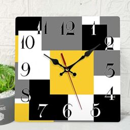 ArtSocket Wooden Wall Clock Silent Non-Ticking, Abstract Yellow Black Grey Geometric Minimalist Checkered Square Rustic Wall Clocks Decor for Home Kitchen Living Room Office, Battery Operated(12 Inch)